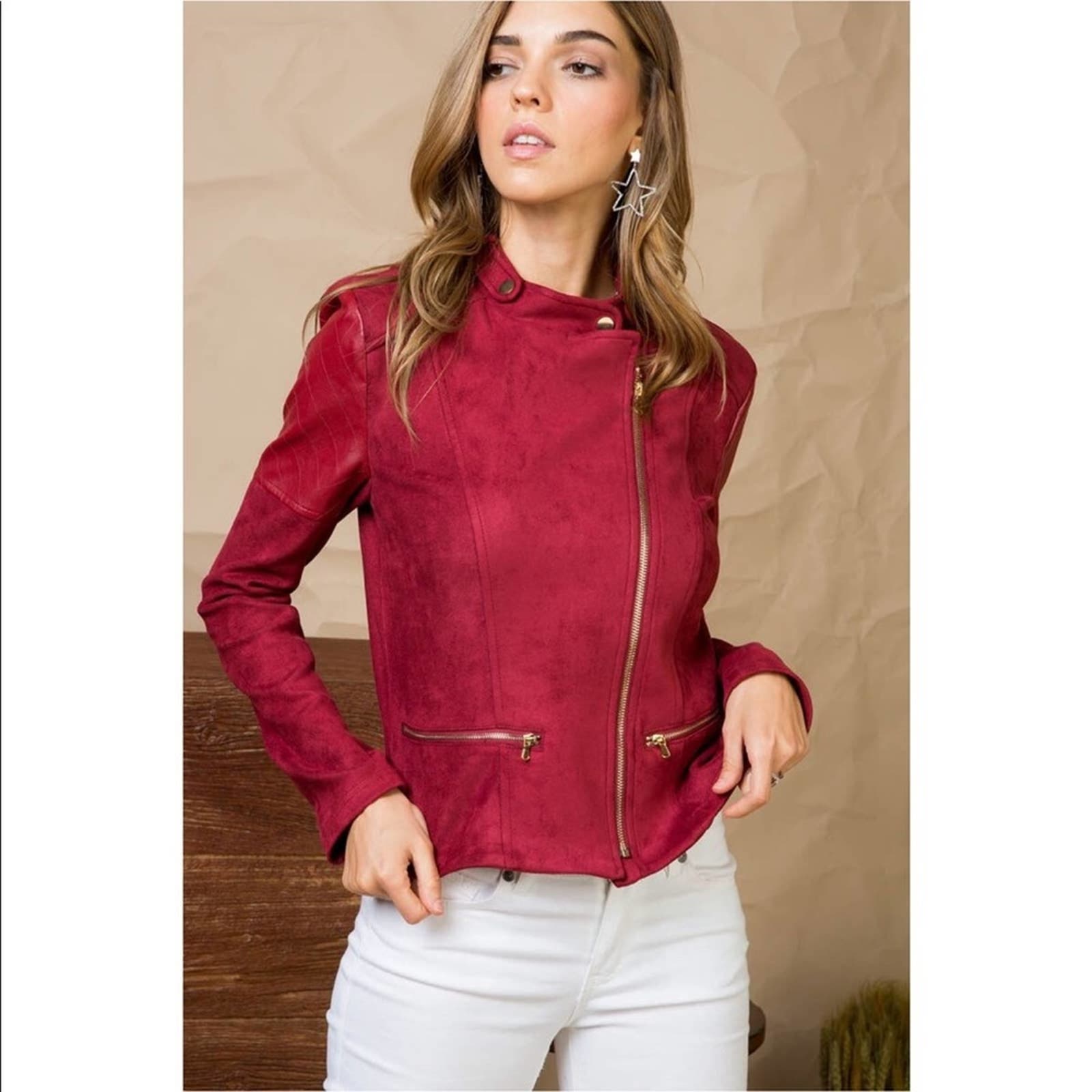 Burgundy Faux Suede Zipper Front Moto Jacket