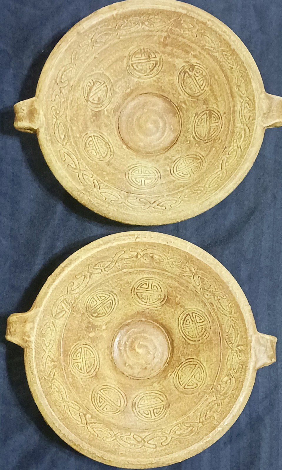 Vintage set of 2 GOOD LUCK CHINESE GOLDEN BROWN TERRA COTTA BOWLS