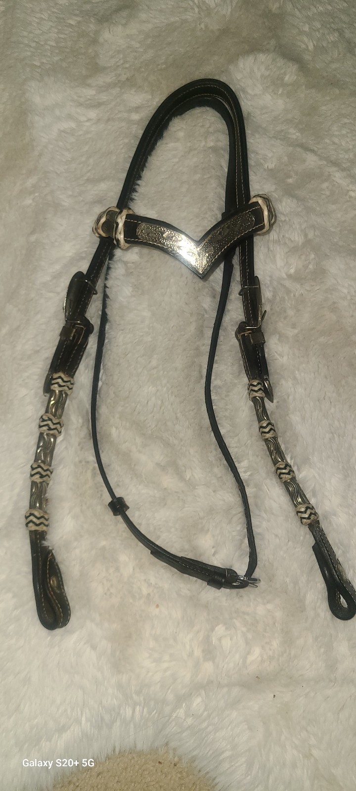 Vintage silver leather browband, Western show headstall.
