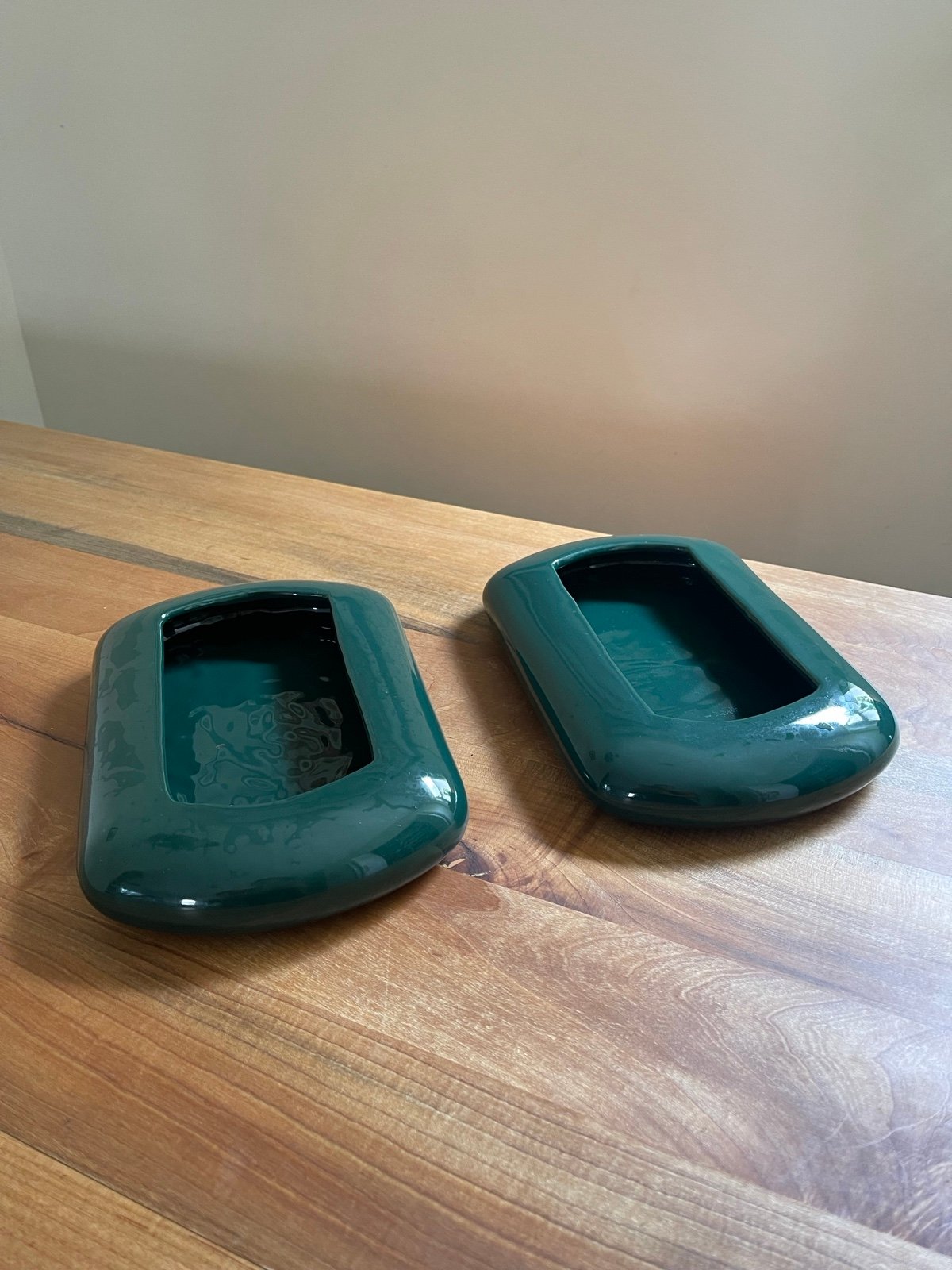 Vintage PAIR 80s Haeger Green Low Profile Vases Planters Design Trays Modernist