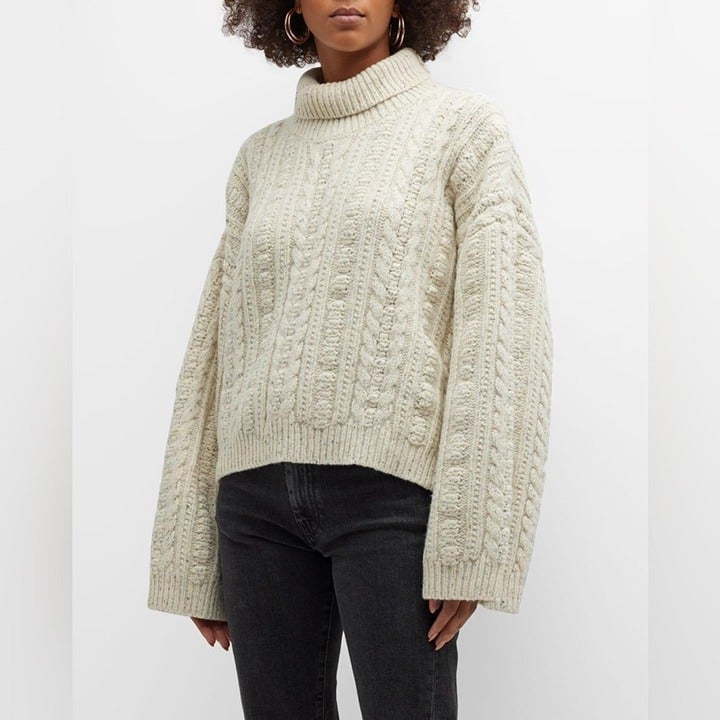 Toteme Oversized Speckled Heavy Cable Knit Wool Turtleneck Sweater Large