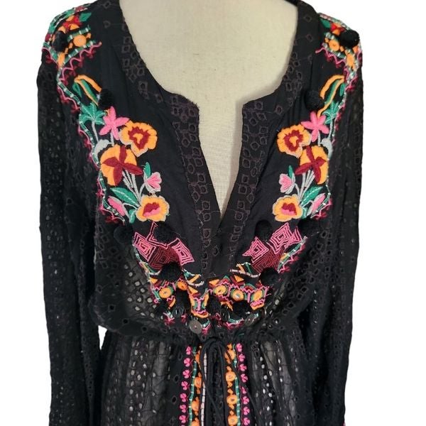 Hemant sales & Nandita Black Eyelet Embroidered Beaded Longsleeve Dress Large