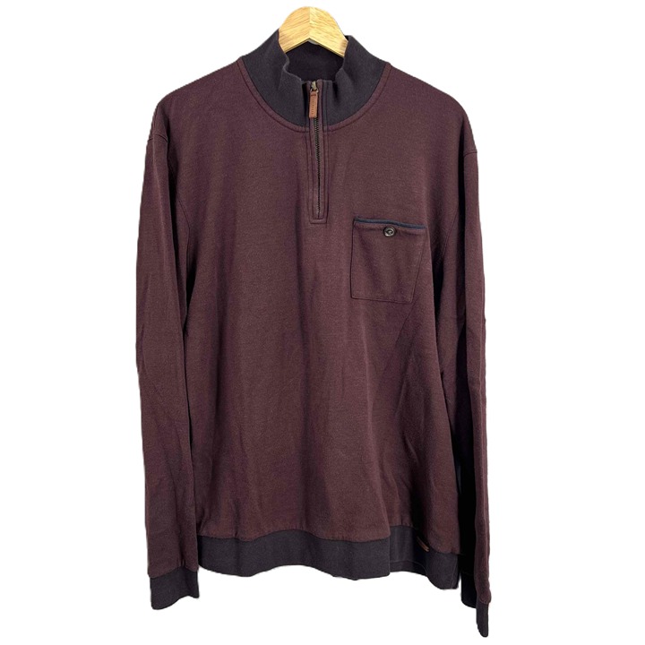Ted Baker Sweater Mens Burgundy Quarter Zip Chest Pocket Pullover 7 / 3XL