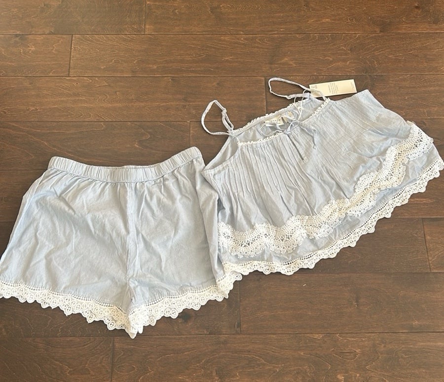 Calypso Womens Blue White Pajama Set Shorts Top New Lace Detail Cotton Sz L