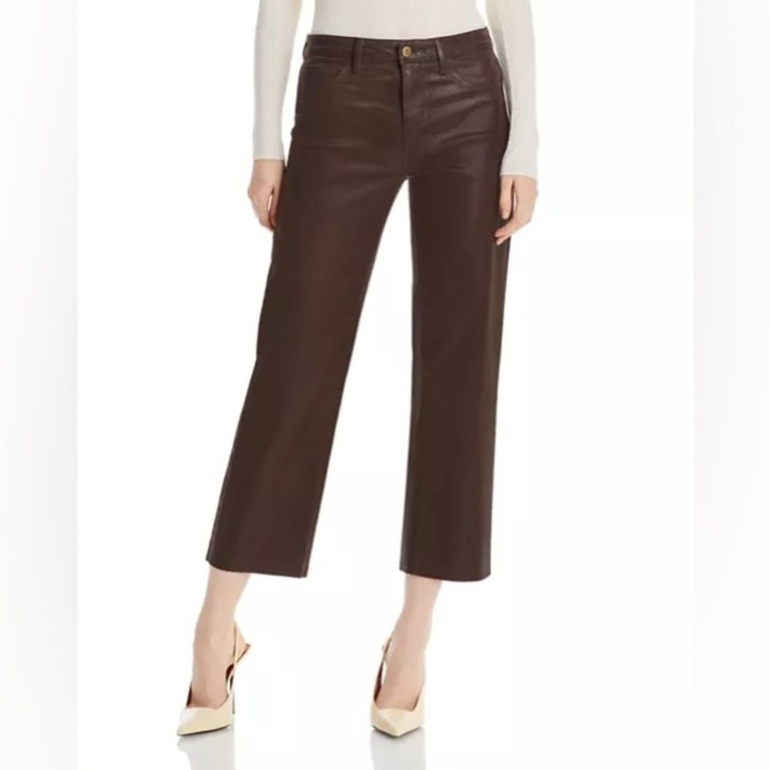 L’agence Wanda Cropped High Rise Wide Leg Leather Coated Jeans Cocoa Sz 25 NWT
