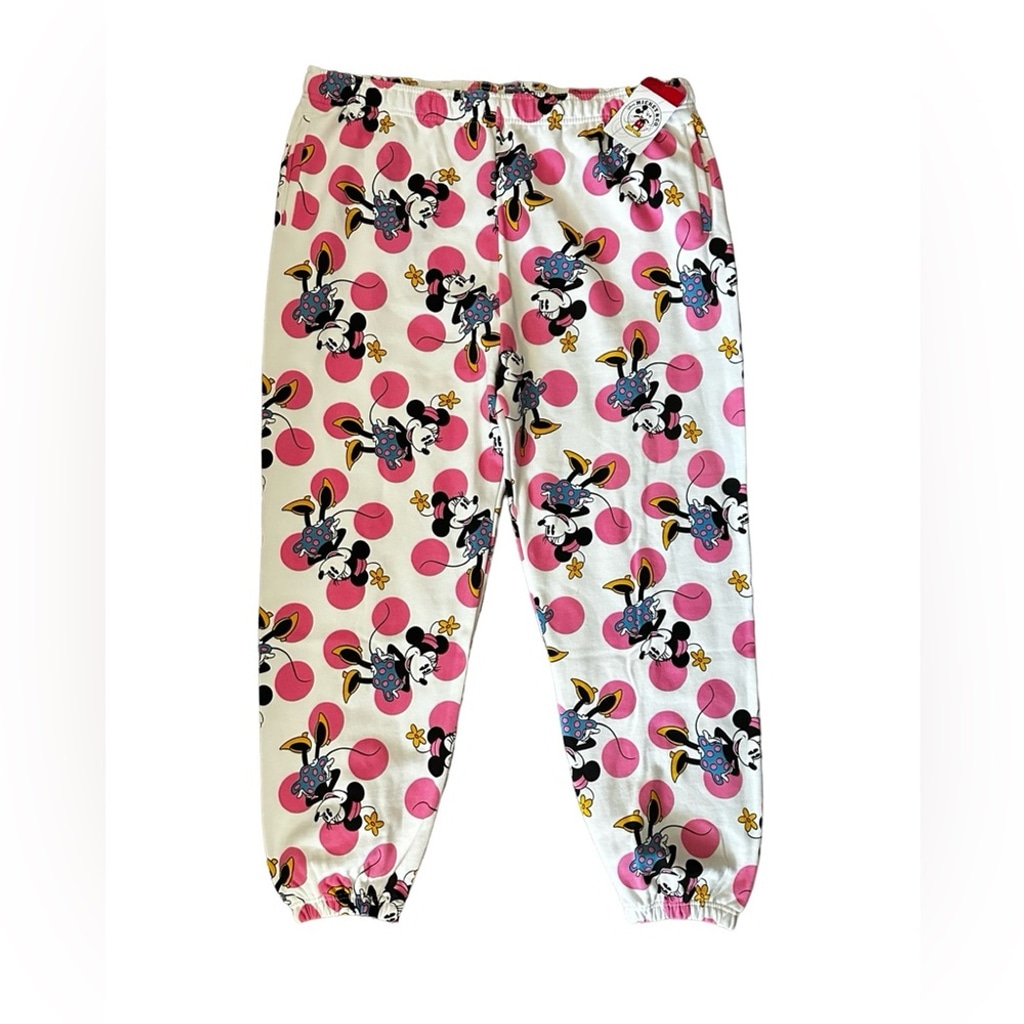 Disney Mickey & Co. POLKA DOT Minnie Jogger Pant Drawstring Pink White Adult 1X.