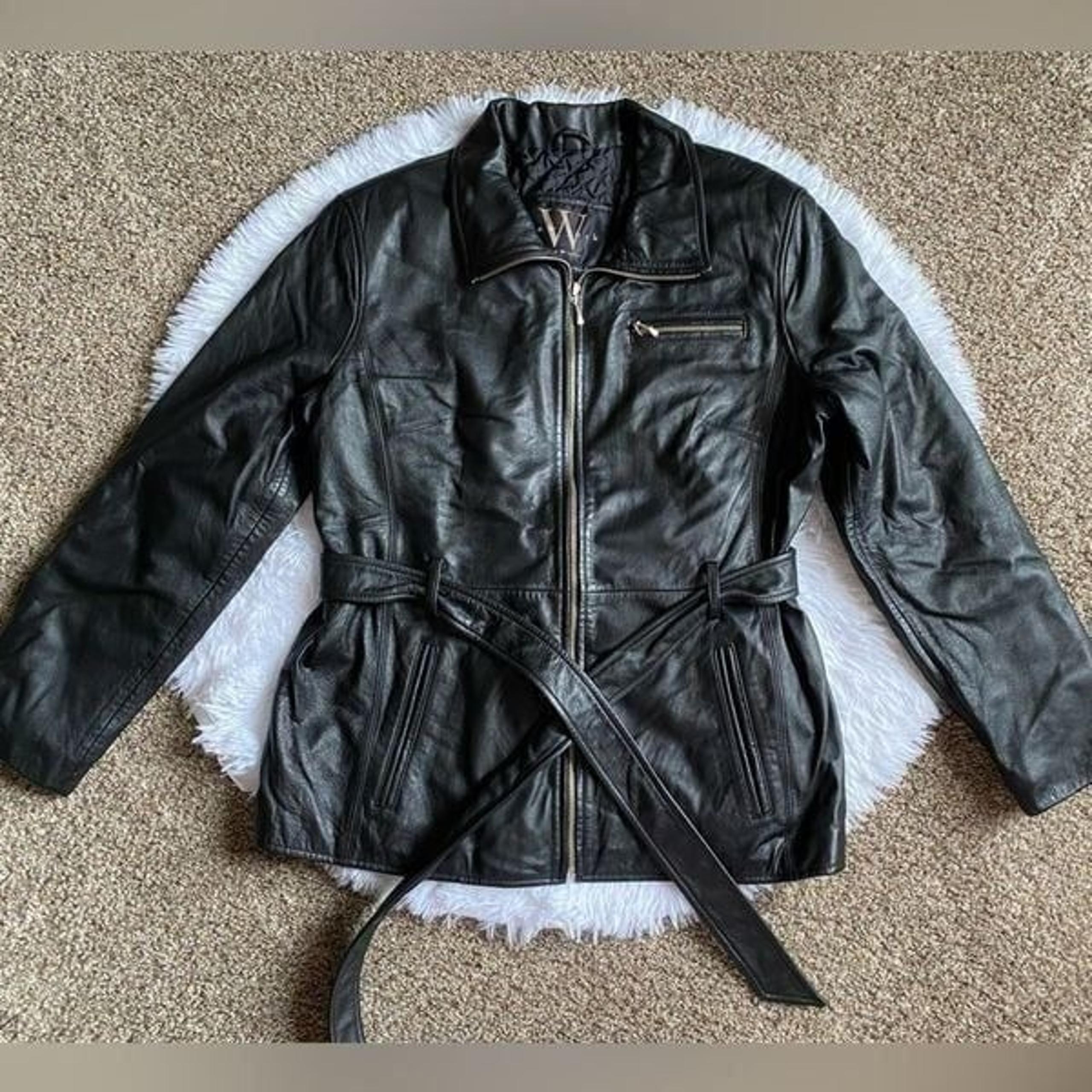 Winlit Leather Jacket Coat Zip & Tie Front Belt Black Womens Size Petite Large