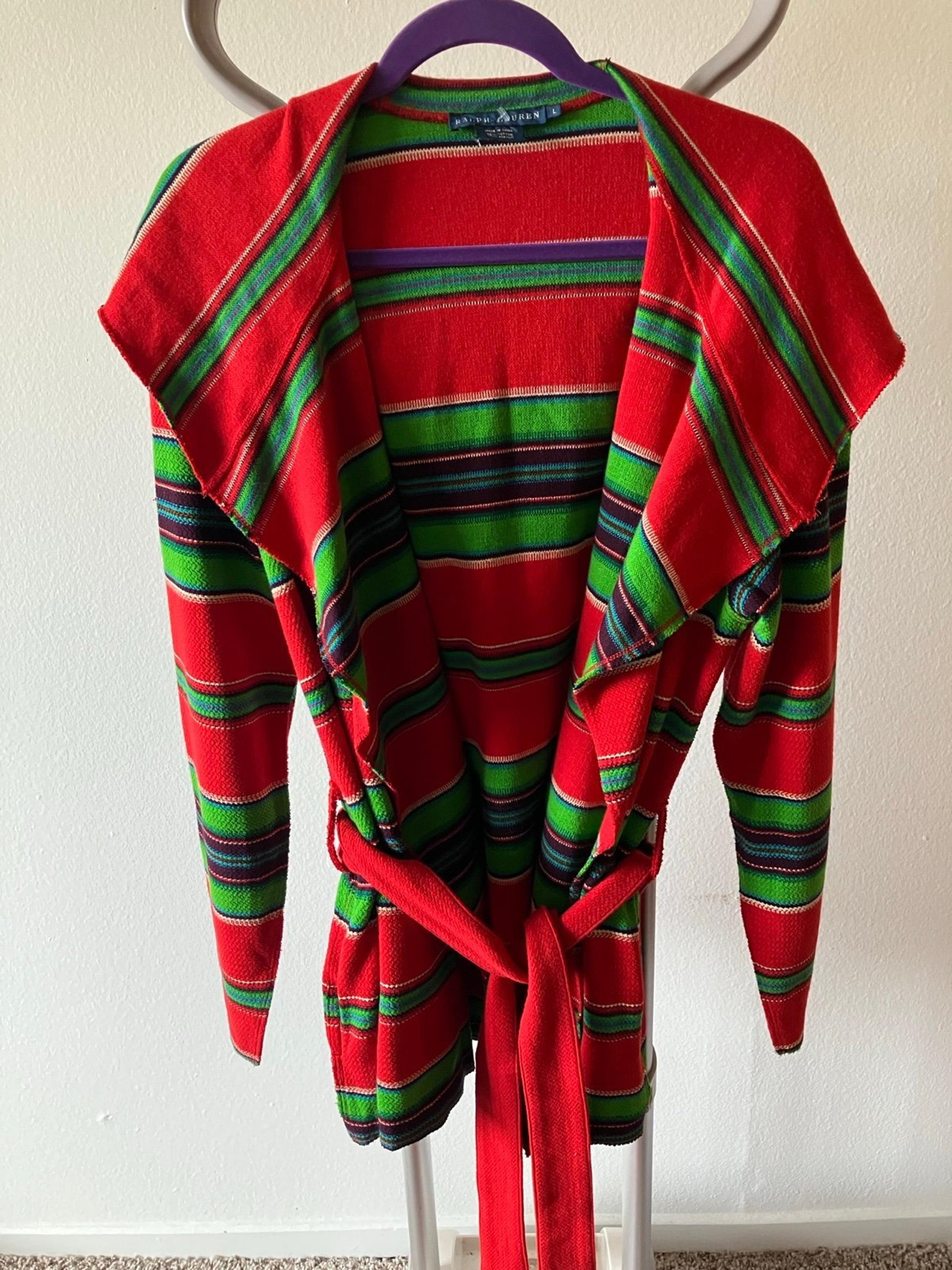 NWOT Ralph Lauren Womens Serape Striped Cotton Cardigan Hooded Belted Sweater L