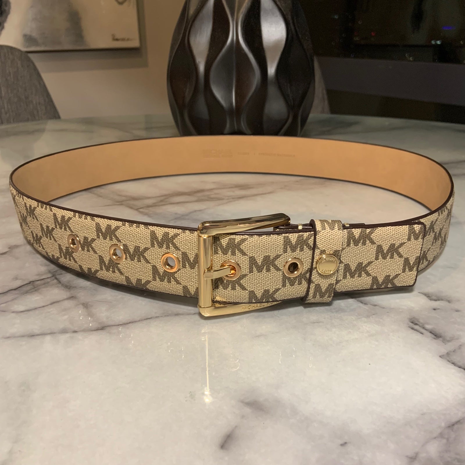 Michael Kors Women's Gold Buckle Belt, Brown/Luggage MK Logo LRG NWT