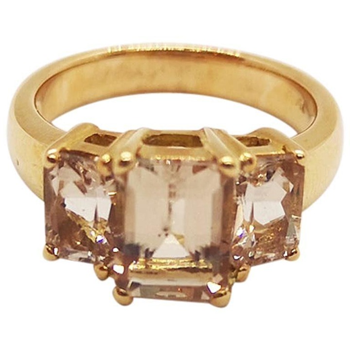 6.90Ct Natural Emerald Cut Peach Morganite Triple Solitaire Ring 14k Yellow Gold