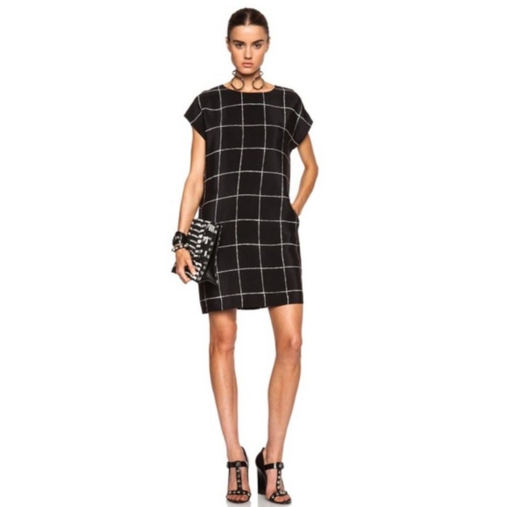 VINCE Black and White Windowpane Silk Shift Dress Pockets