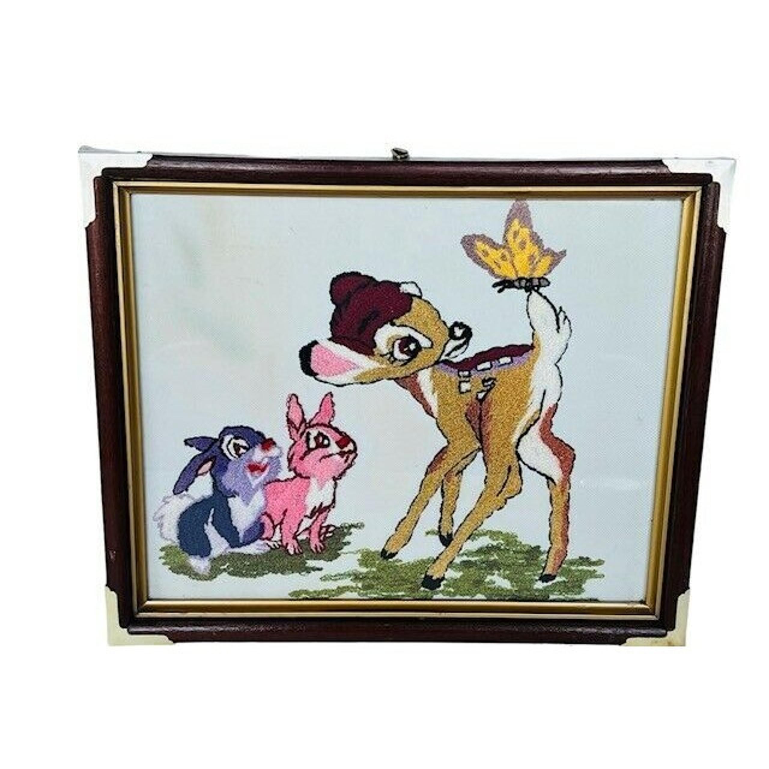 Walt Disney Bambi Picture Cross Stich sew Framed Art Thumper vtg sign decor gift