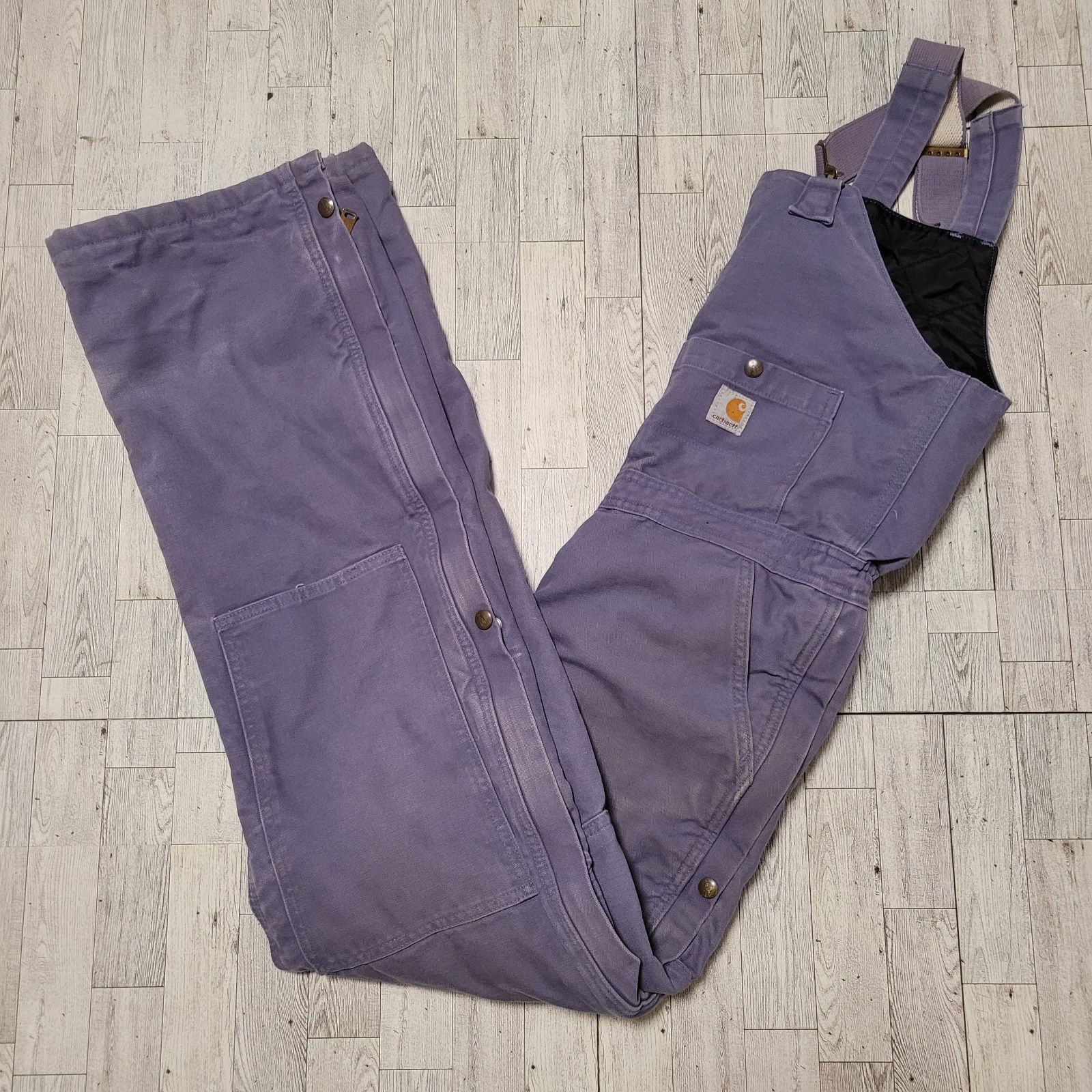 Women's Carhartt Distressed Side Zipper Lavender Purple Overall Bibs Size 8 × 32