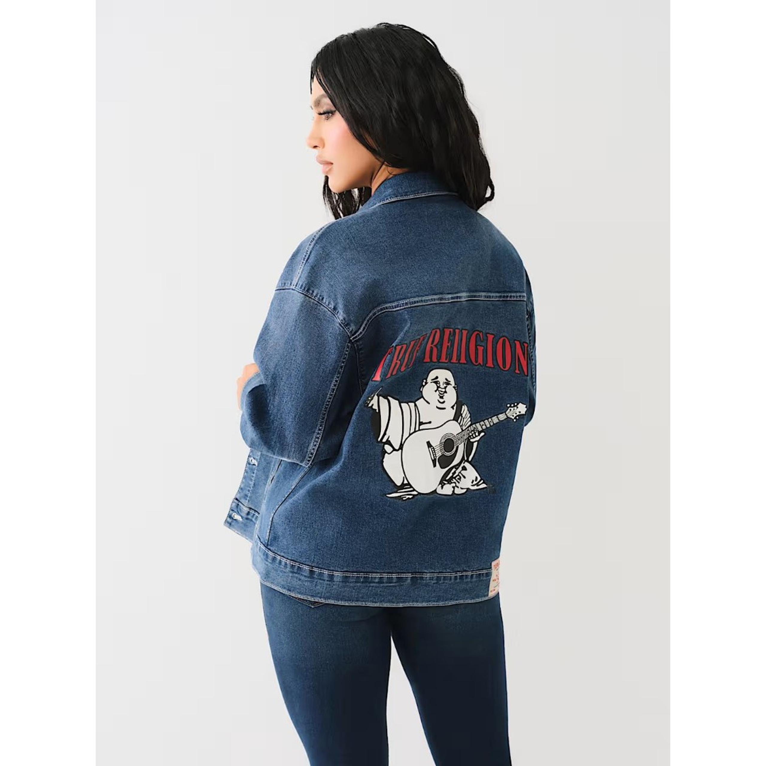 True Religion Oversized Denim Jacket Women Size XL Stretch Logo Printed Graphic