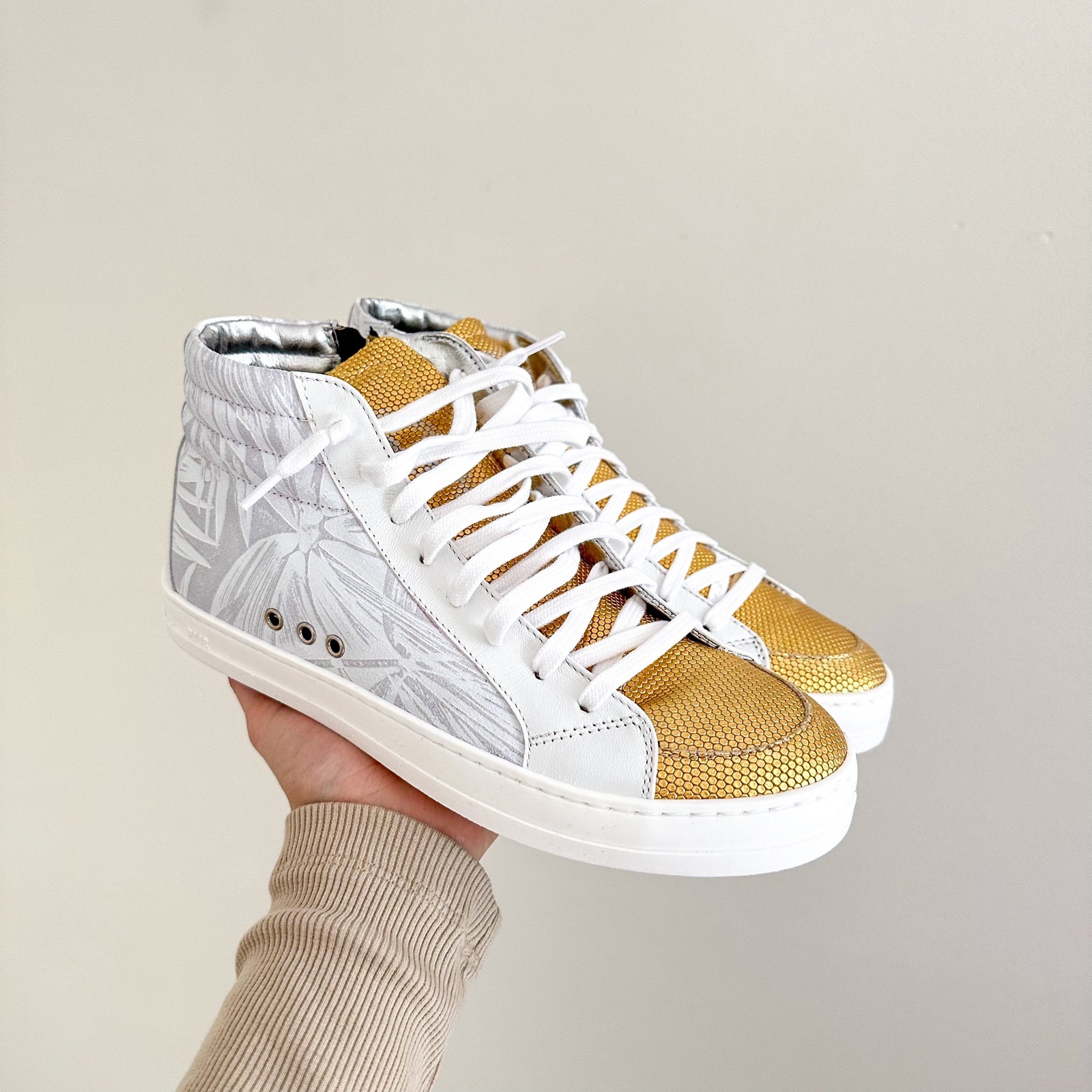 NEW P448 Palm High Top Lace Up Round Toe Sneakers White/Gold 37