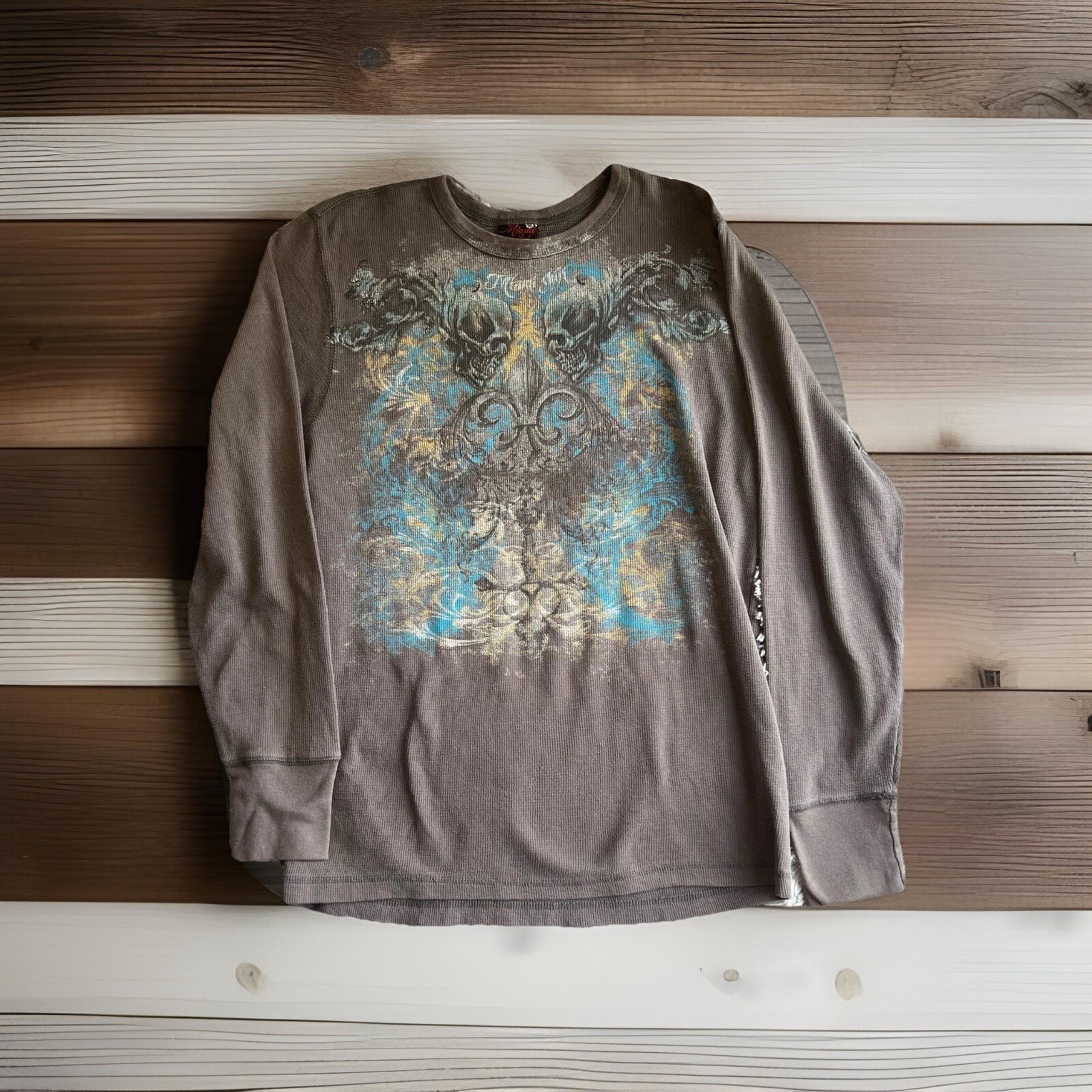 Vintage Y2K Miami Ink Affliction Style Thermal Shirt Men's Size X-Large Skulls..