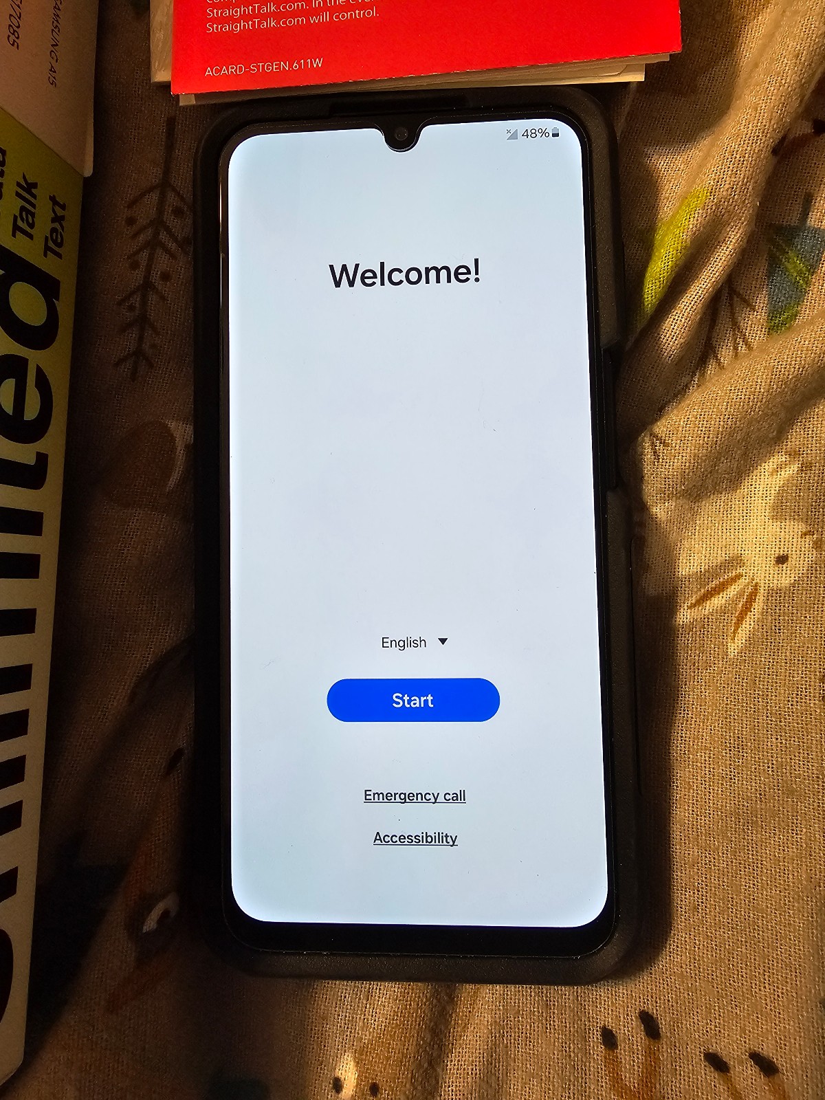Samsung Galaxy a15 cell phone, otter ox case, and new sim