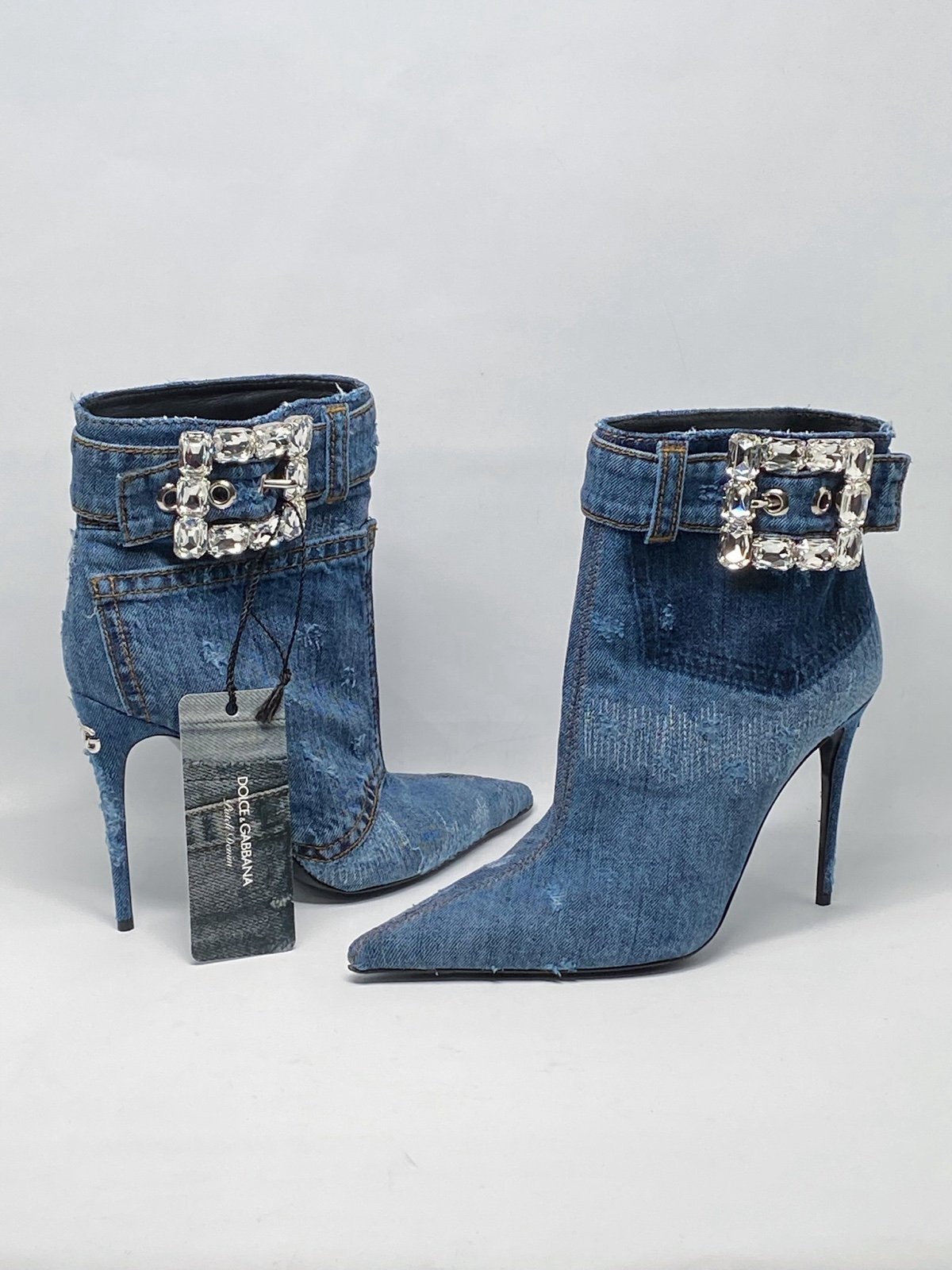 DOLCE & GABBANA Patchwork denim ankle boots with rhinestone buckle