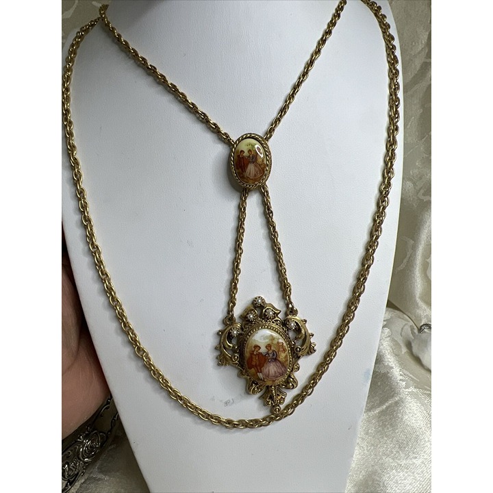 Renaissance Revival Couple Bolo Tie Gold Tone Pearl Double Strand Necklace Rare