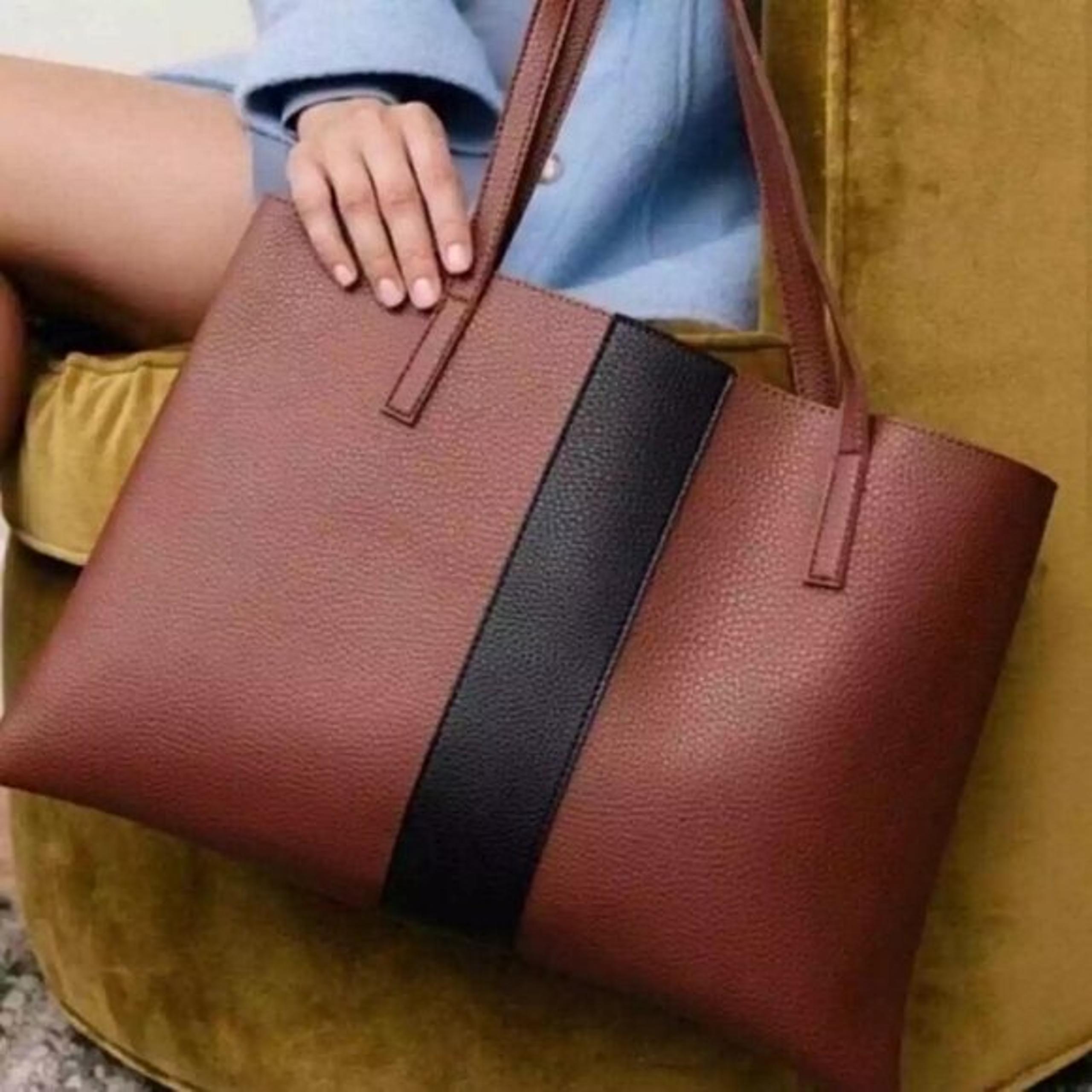 Vince Camuto Tote Bag Brown Black Vegan Leather Shoulder Handbag Commute Bag