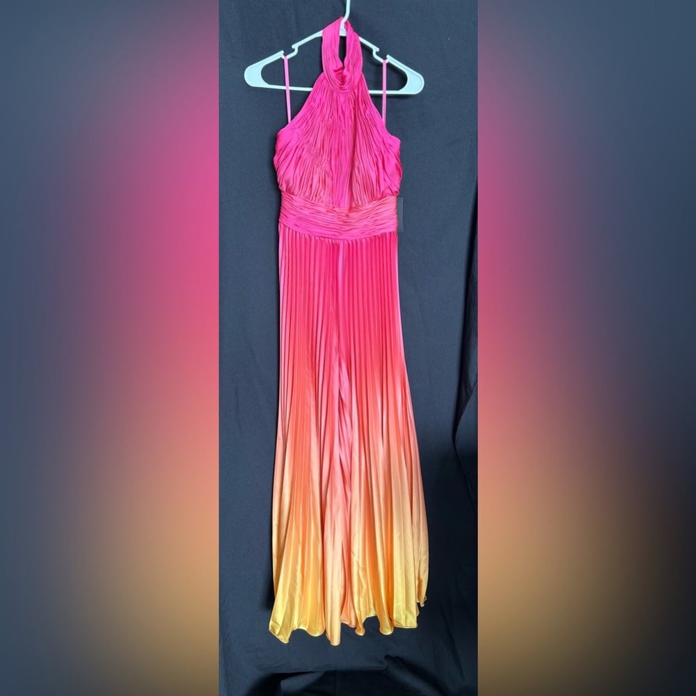 Size 2 Mac Duggal 49869 NWT Vibrant Pink and Orange Halter Pleated Jumpsuit