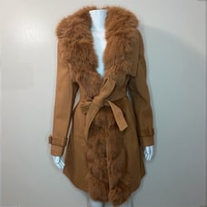 Khaki removable faux fur belted wrap pea coat