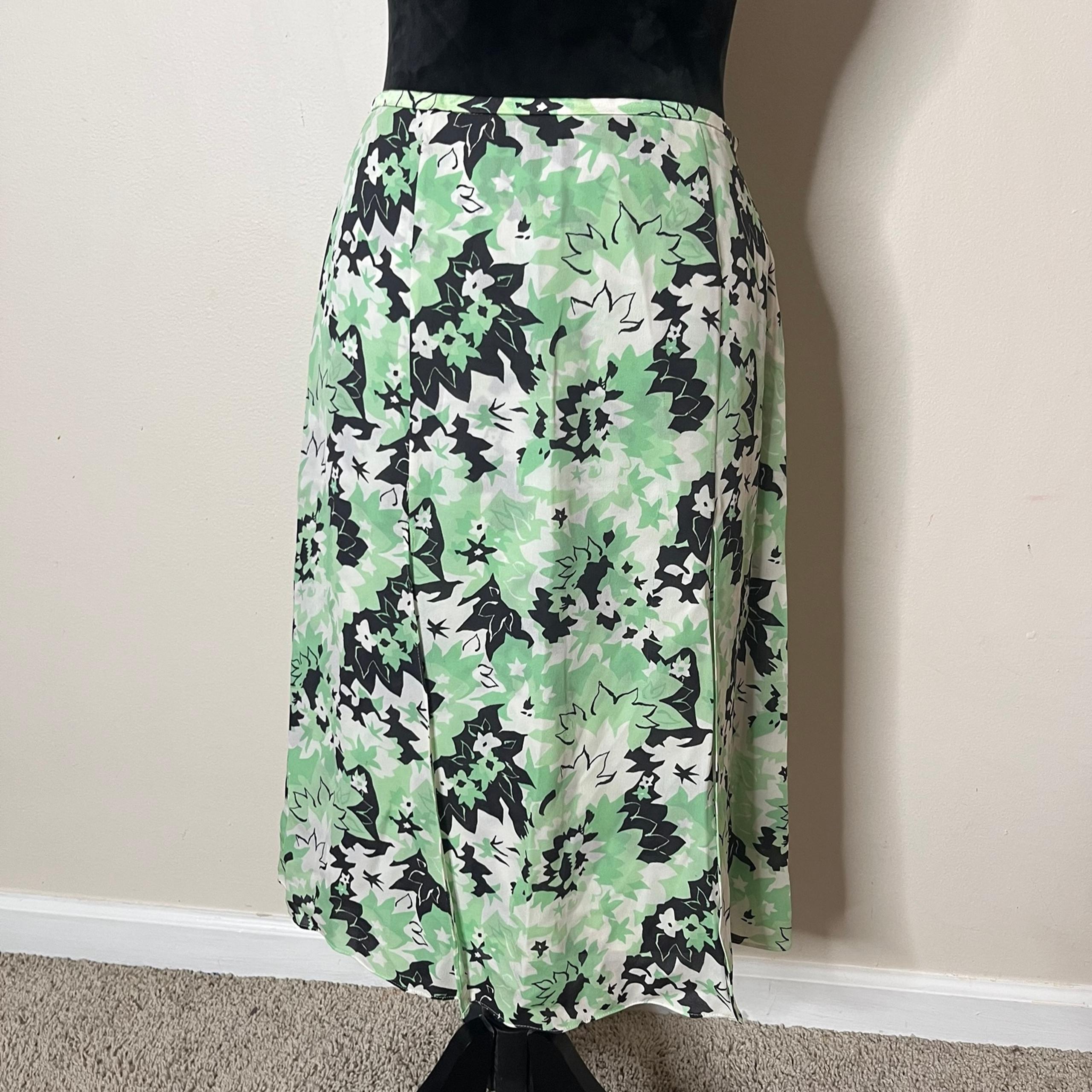 Escada Women’s Green Black White Silk A~Line Layered Split Midi Skirt Sz 36/US S