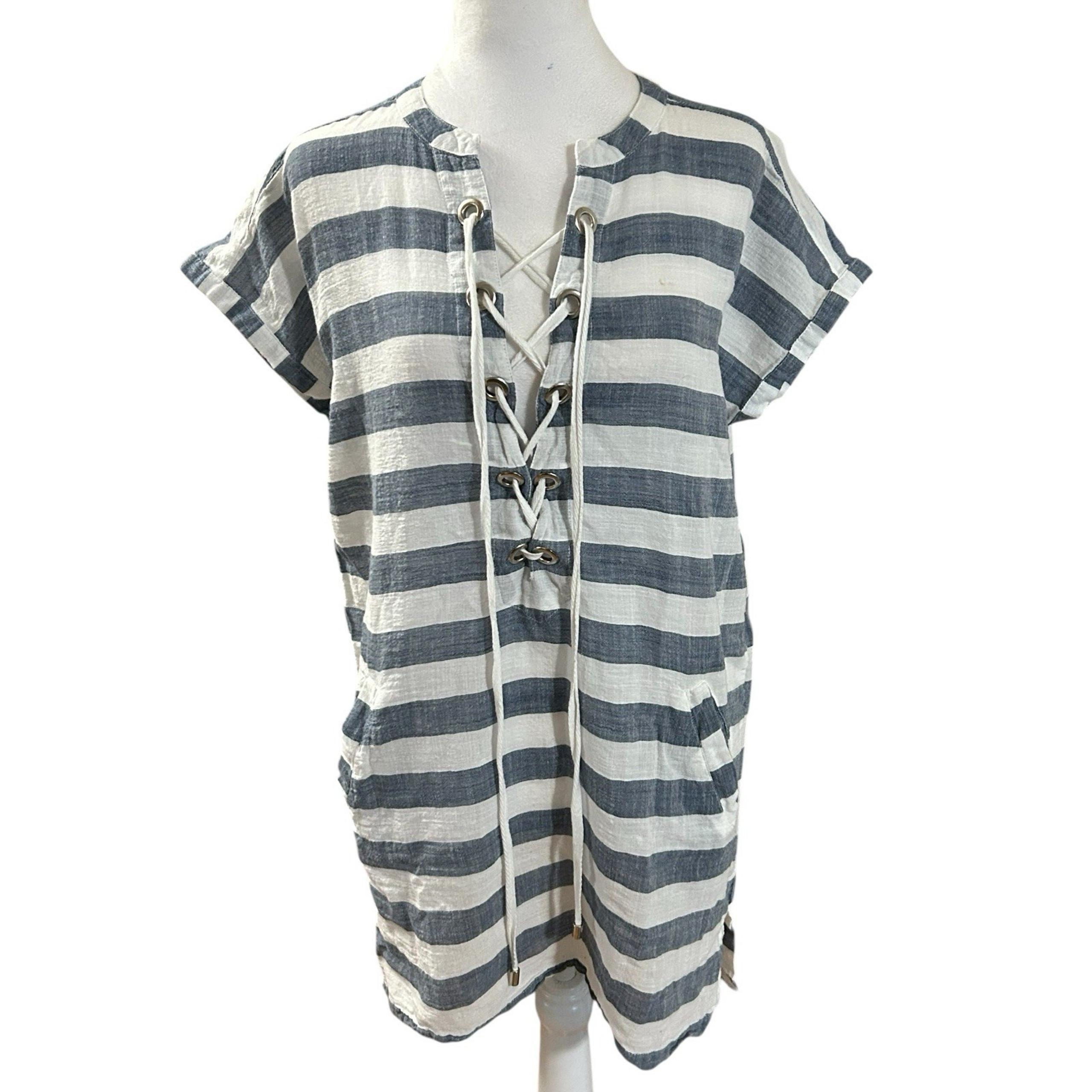 Blue Island Cotton Striped Beach Coverup With Pockets Sz M