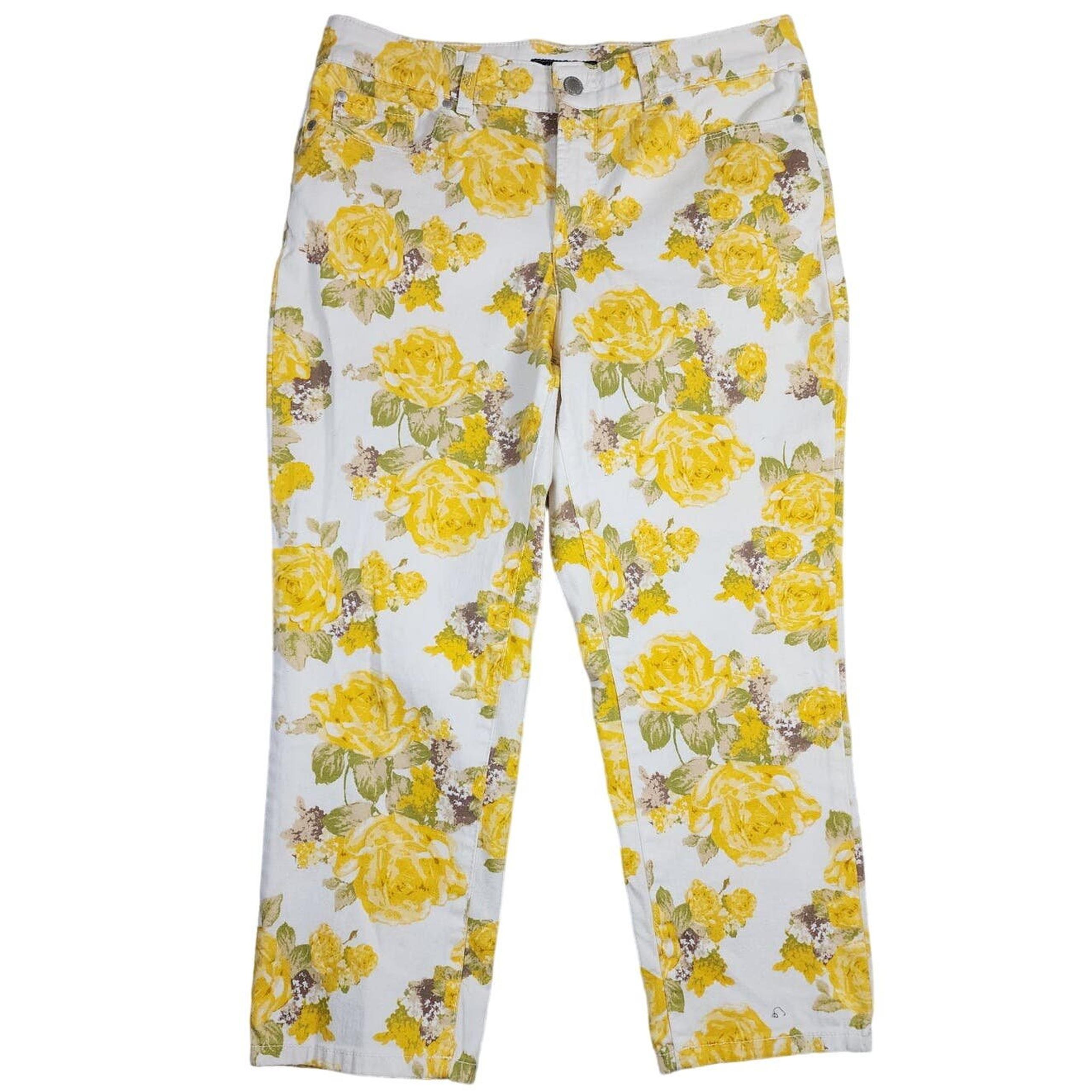 Charter Club Women's Yellow Floral High Rise Cotton Blend Capri Pant Size 8