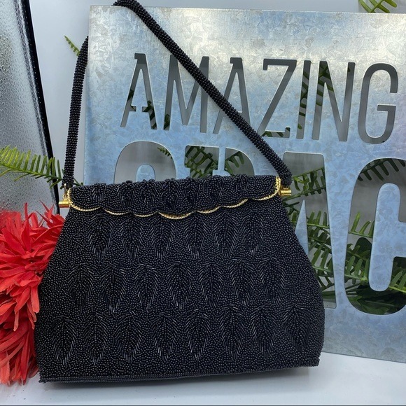 Vintage Fully Beaded Black Gold Evening Bag Purse