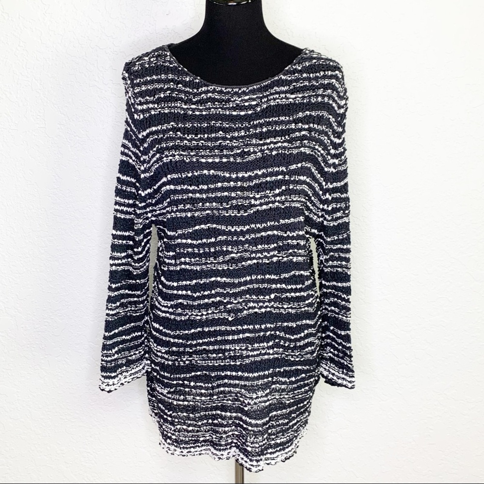 Eileen Fisher black white striped textured knit sweater size Extra Large XL