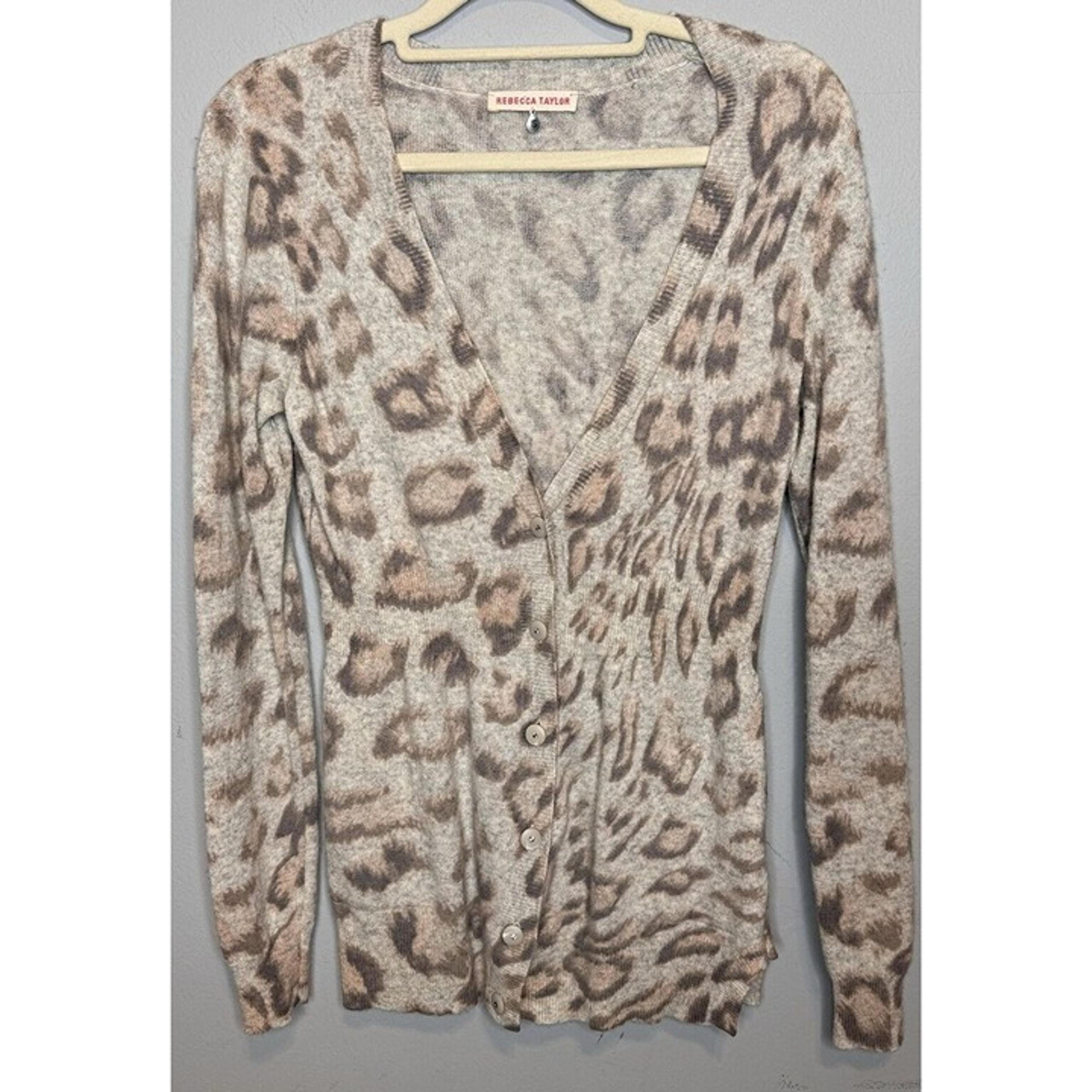 Rebecca Taylor Leopard Sweater Cardigan Small Wool Cashmere V Neck Button Front