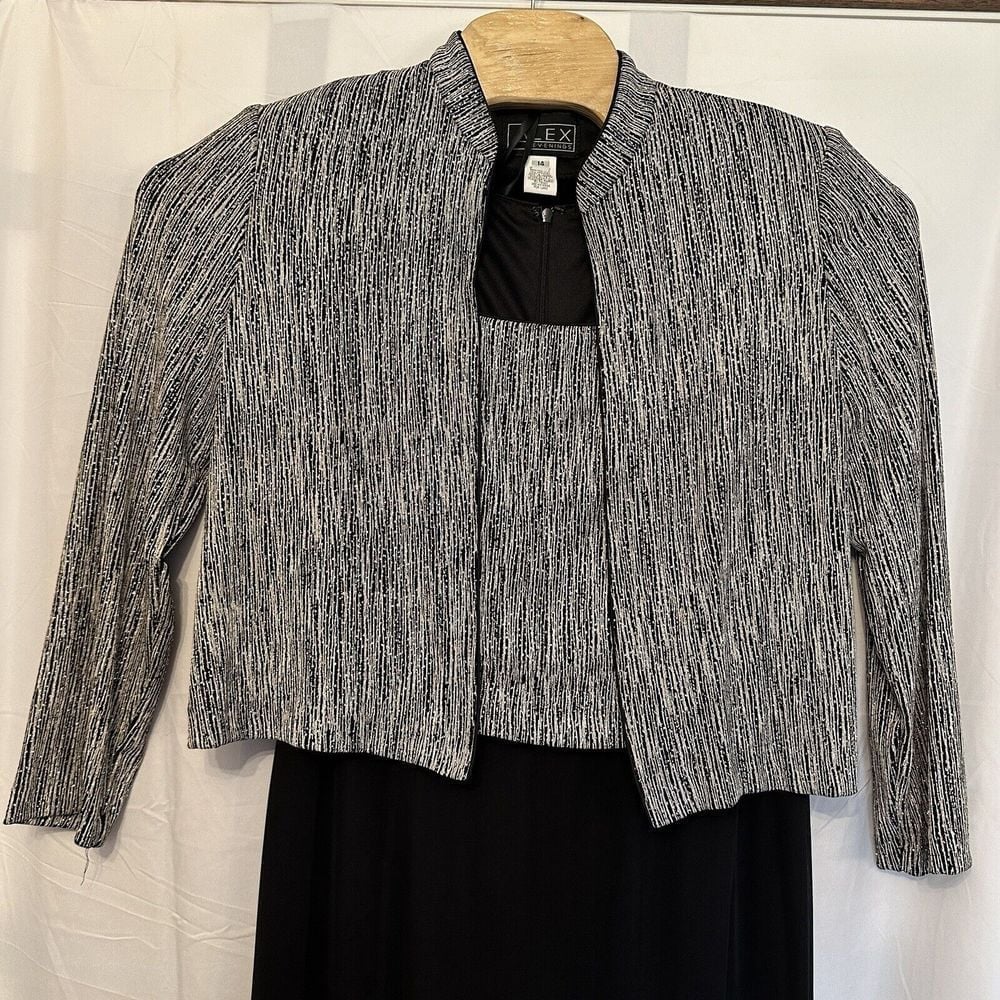 Alex Evenings Women Size 14 Maxi Dress W/ Jacket Black Silver Sparkle Set Formal