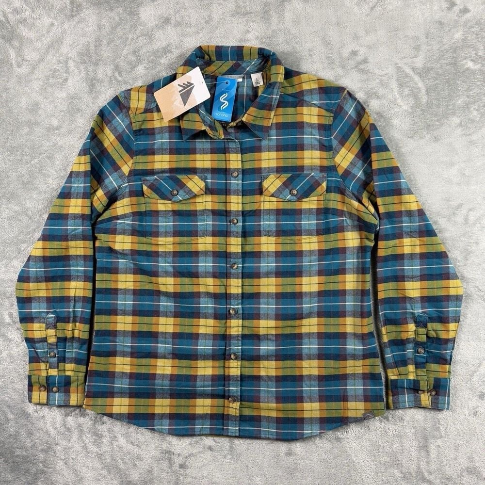 LL Bean Womens Flannel Shirt Size L Blue Yellow Plaid Pocket Stretch NWT