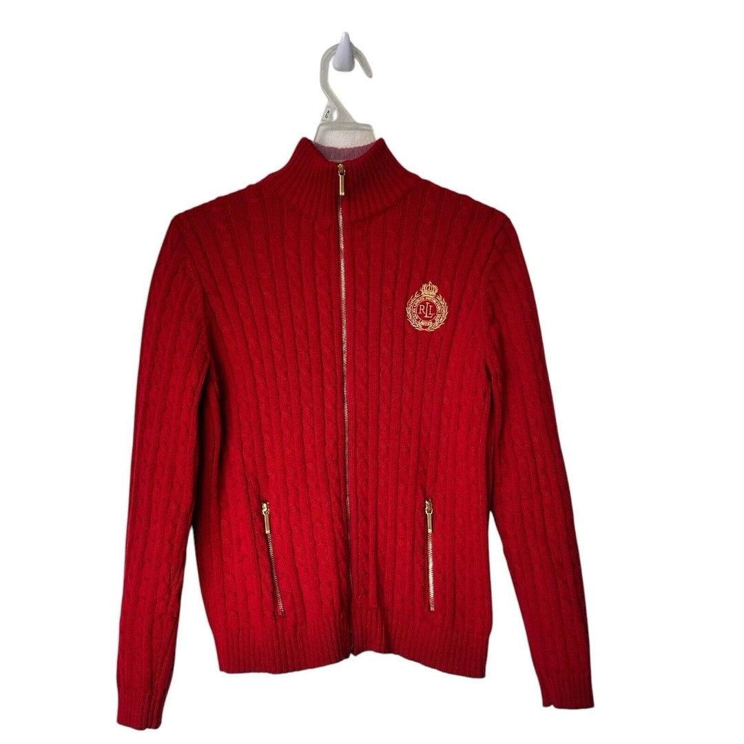 Ralph Lauren red Logo Cable Knit Stand Collar Zip Pockets Sweater Y2K size PL