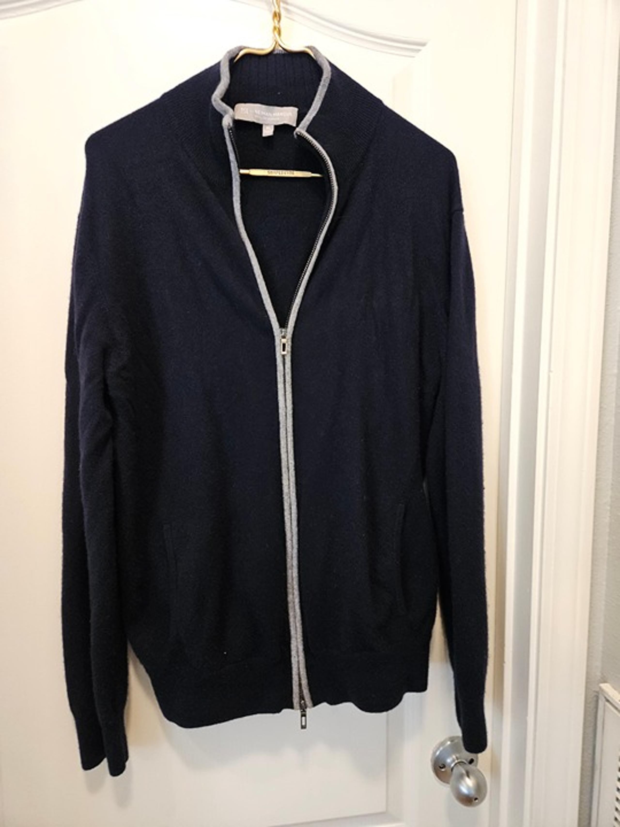 TSE for Neiman Marcus recycled Cashmere Size XL navy with grey piping zip up