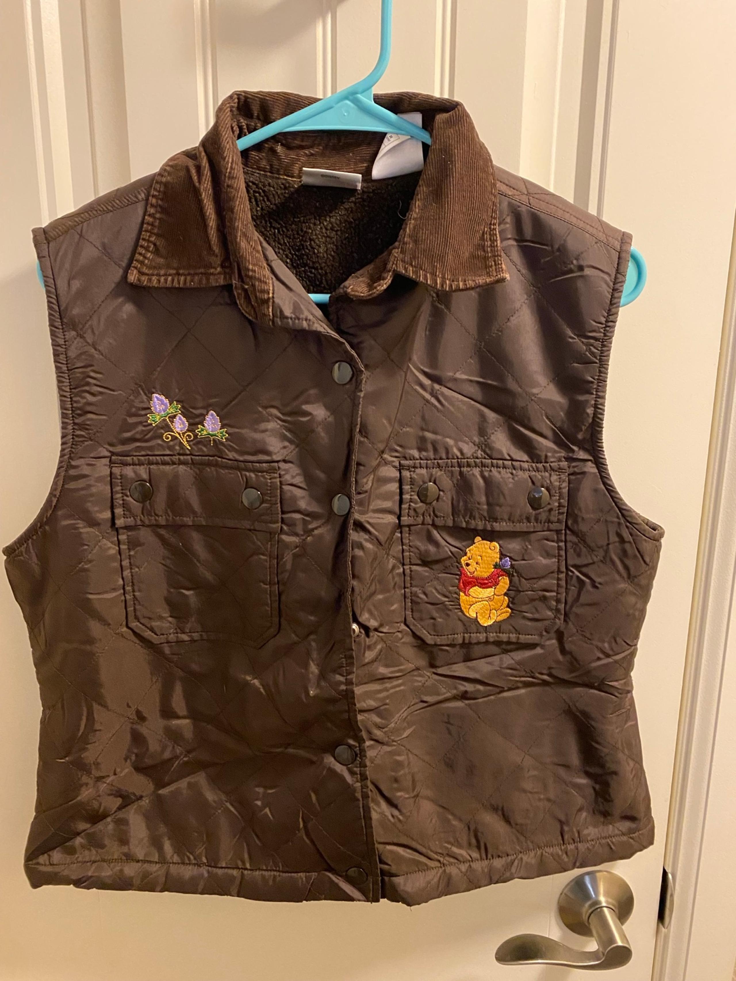 Disney Store Vest M Winnie The Pooh Brown Puffer Quilted Snap Sherpa Lined Flaw