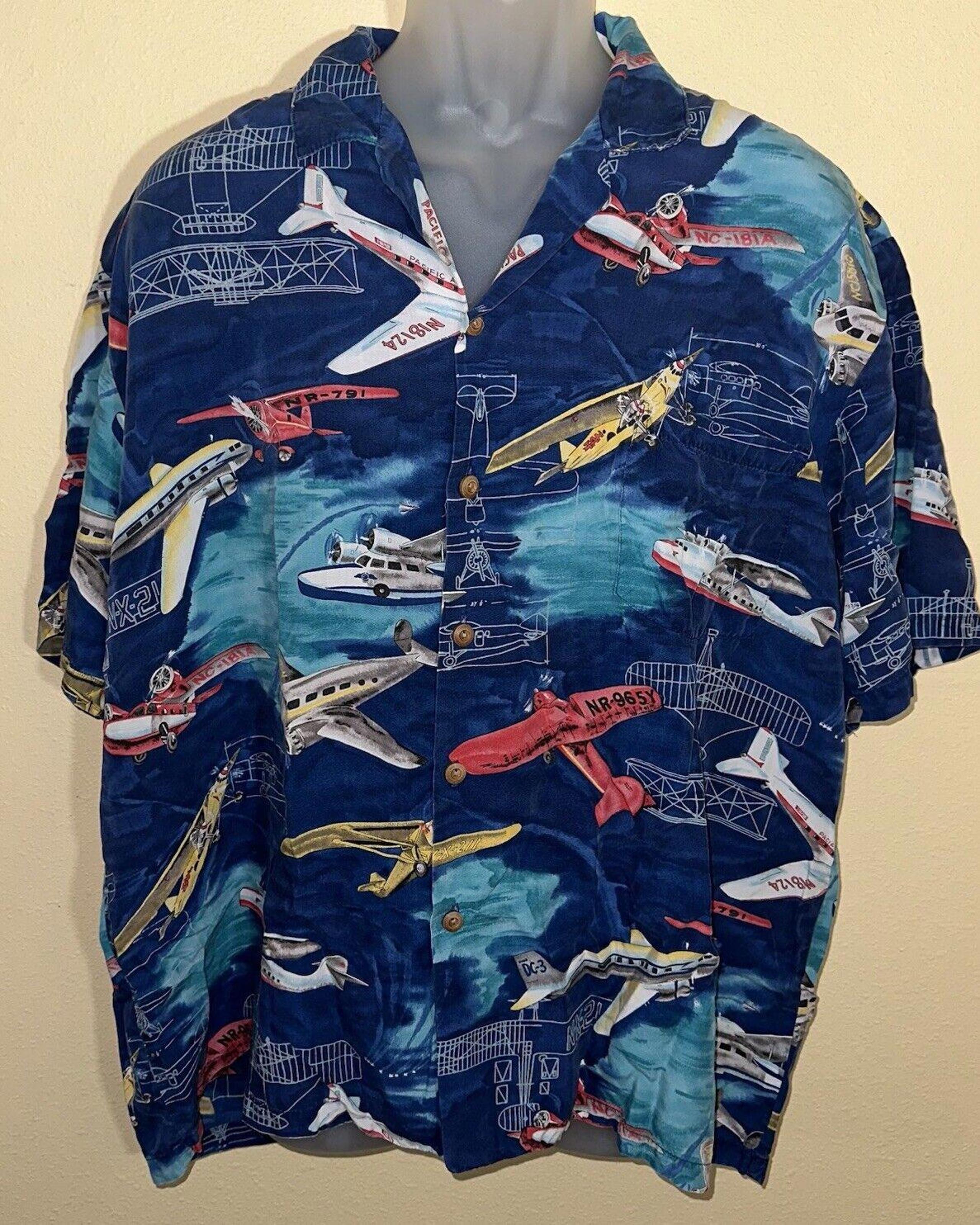 Paradise Found Men's Airplane War Planes Aloha Blue Hawaiian shirt XL 100% Rayon