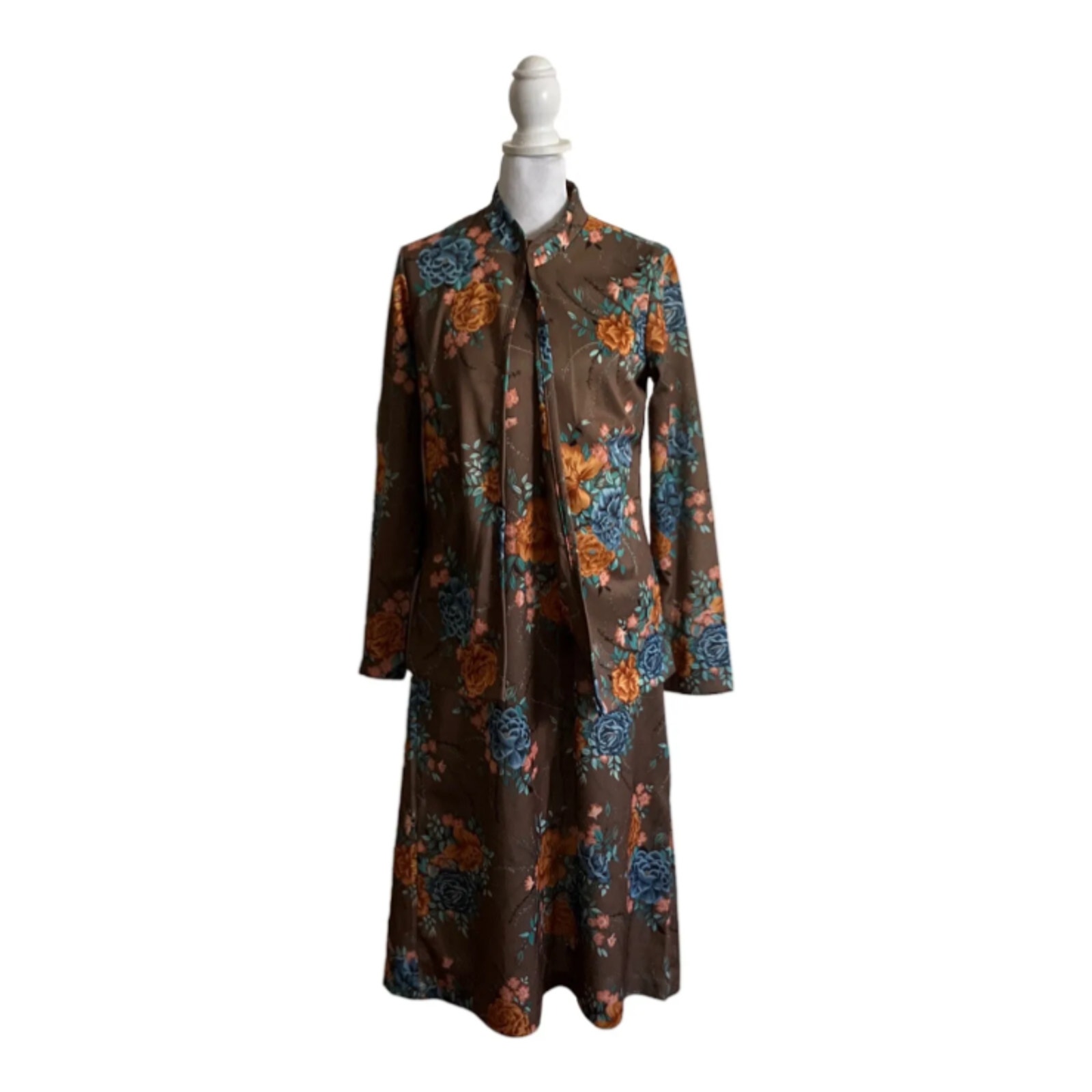 Vintage 1970s Sears Dress Cardigan Taupe Floral 2 Piece Set Maxi US Size 10