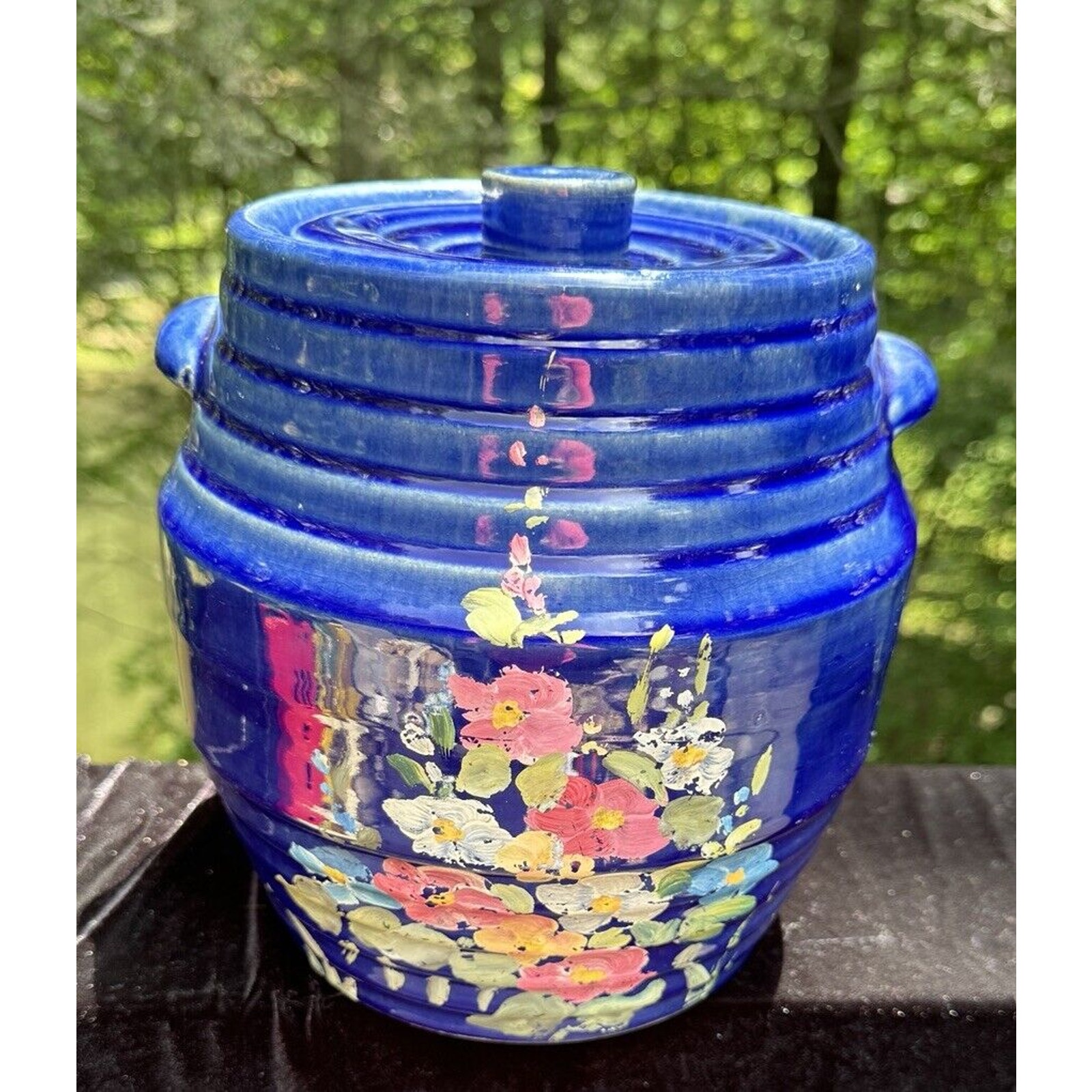 Antique 1930's POTTERY COOKIE JAR hand painted flowers blue 8 1/4 tall Nice!