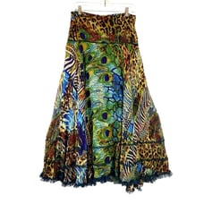 Boho Chic Festive Hippie Multicolor Long Full Skirt Med Animal & Peacock Print