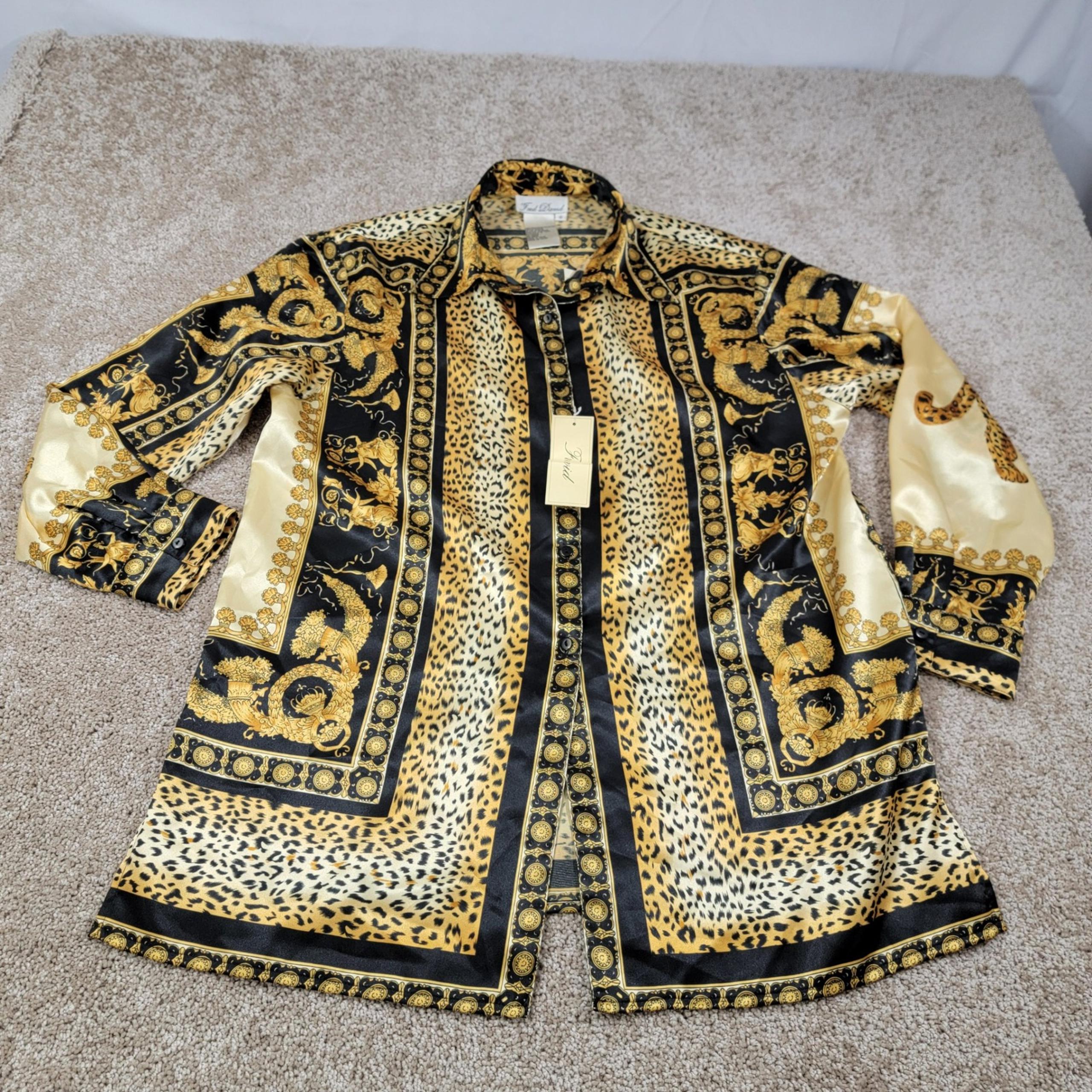 Fred David Button Down Top Leopard Baroque Print Long Sleeve Shirt 12 NWT