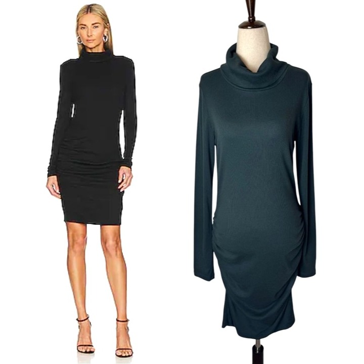 Michael Stars Dress Women Large Green Ribbed Knit Turtleneck Ruched Velma Mini