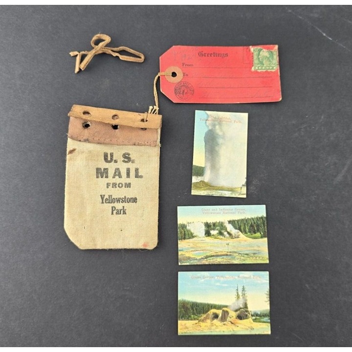 1924 PM Souvenir Mini US Mail Canvas Bag Shipping Tag Mini Photos Yellowstone Pk