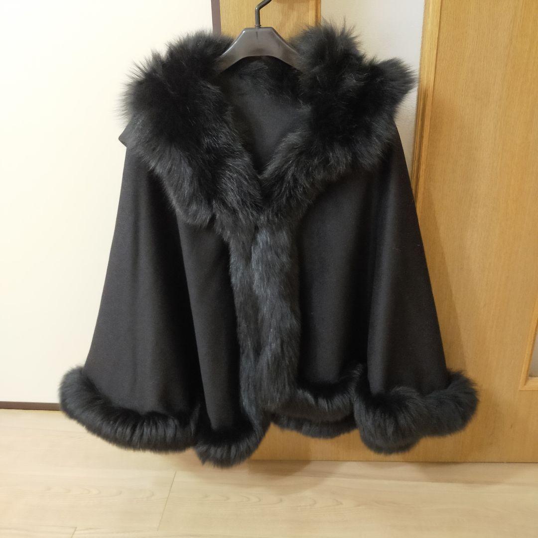 50% cashmere, 50% wool, blue fox poncho cape coat, black.