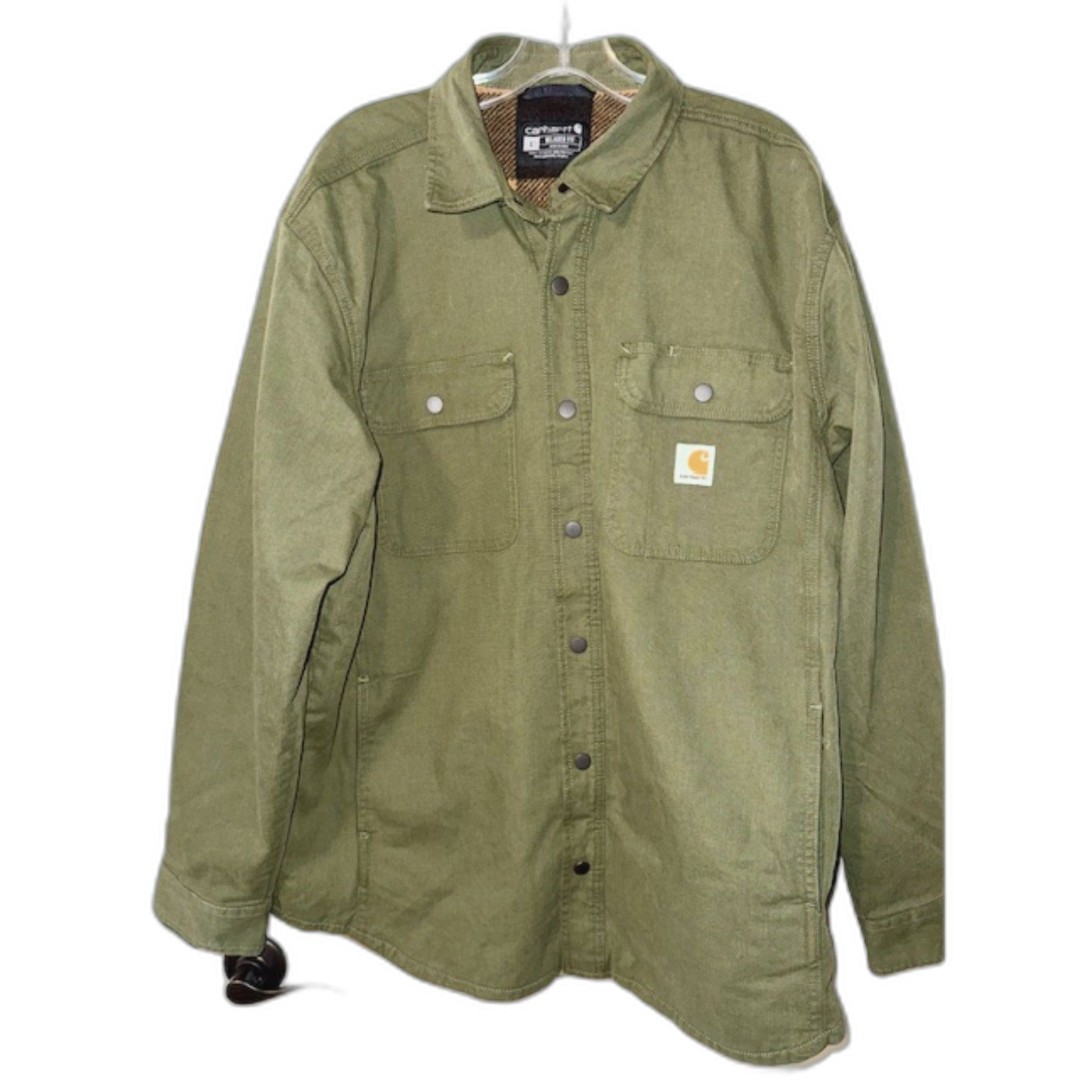 Carhartt Rugged Flex Canvas Shirt Jacket Fleece Lined Brown Sz L