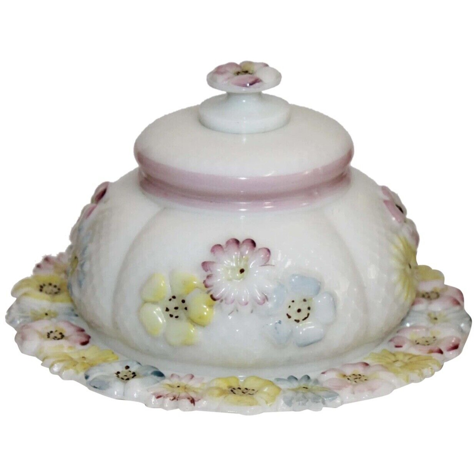 VTG Cosmos BUTTER DISH + COVER LID 8” Plate Daisy Flower Consolidated Lamp Glass