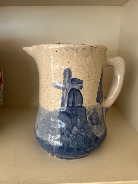 RARE ANTIQUE  BLUE AND WHITE SALT-GLAZED STONEWARE PITCHER