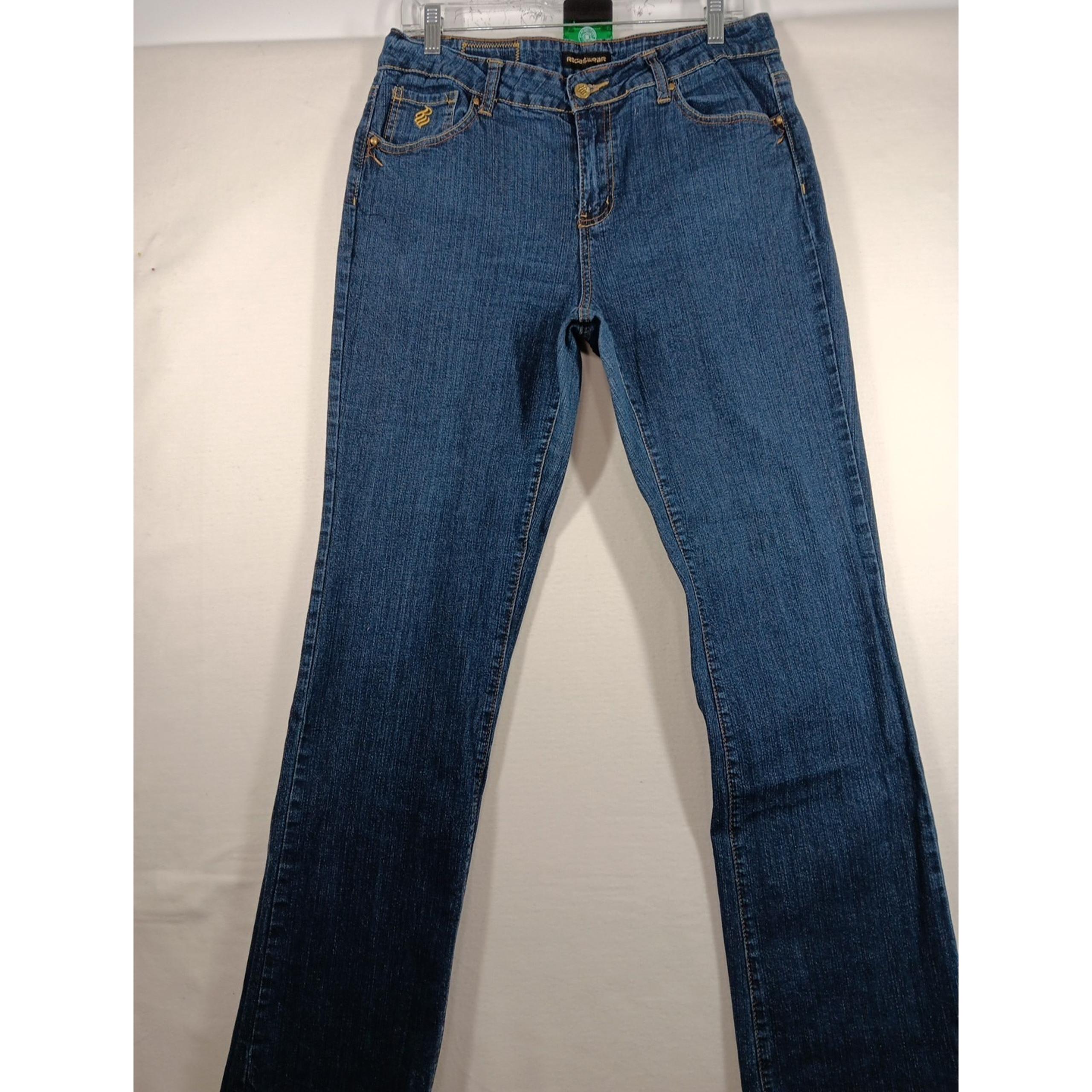 Rocawear Jeans Women's Size 16 Blue Denim Jeans Bootcut Purple Embroidered Y2K