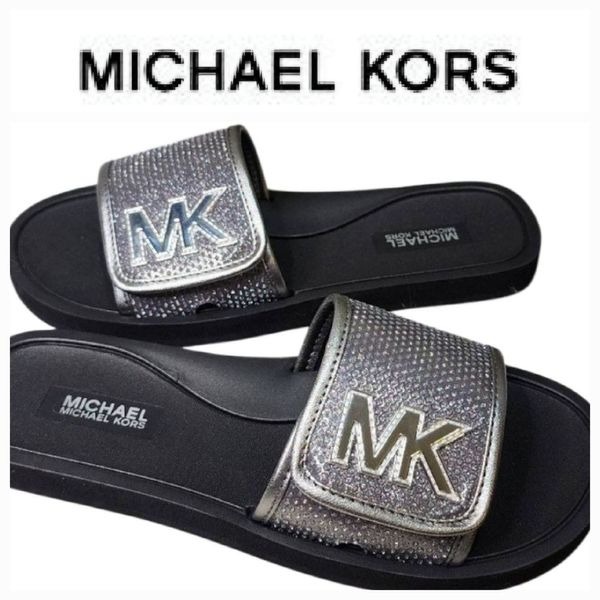 Michael Kors Rhinestone Embellished Logo Strappy Slide Sandals